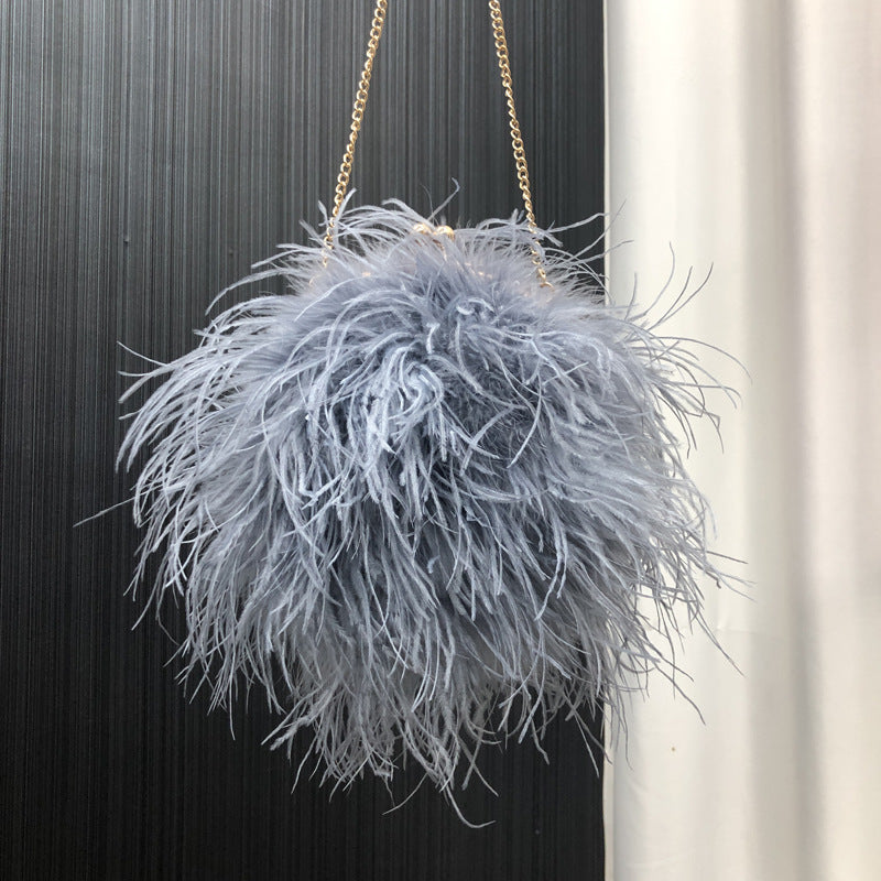 Custom European and American Cross-Border Trade Ostrich Feather Bag Crossbody Small Round Bag Phone Bag Handmade Fur Bag