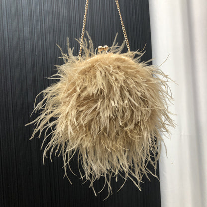 Custom European and American Cross-Border Trade Ostrich Feather Bag Crossbody Small Round Bag Phone Bag Handmade Fur Bag
