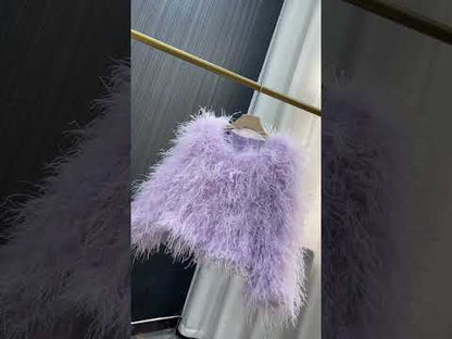 Length 55cm Coat made of ostrich feathers Tops Women Thin cotton Short outerwear Winter cotton coat Hand-woven and sewn Customized size available Wholesale available Garment factory