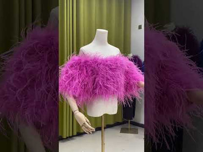 Off-shoulder tops, half sleeves, short sleeve tops, elastic bra, tube tops, sexy, summer, ladies, banquet, ostrich feather coat, handmade, clothing factory, wholesale, custom sizes available