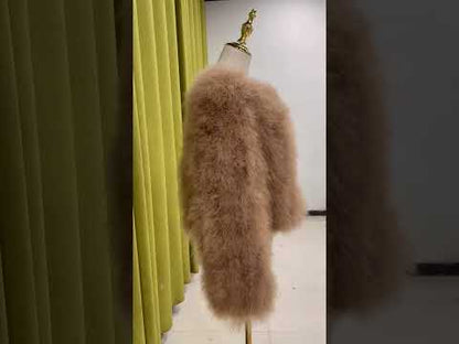 Artisan-Crafted Turkey Feather Fur Jacket, Women's Short Padded Coat, Soft, Light & Cozy Winter Outerwear by 20-Year Factory
